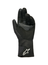 Alpinestars Woman Stella WT-1 Drystar® Insulated Gloves, Black, palm view featuring soft suede with overlay reinforcement for grip, long textile cuff with white Alpinestars logo on the strap, touchscreen compatible fingertips, technical winter motorcycle gear