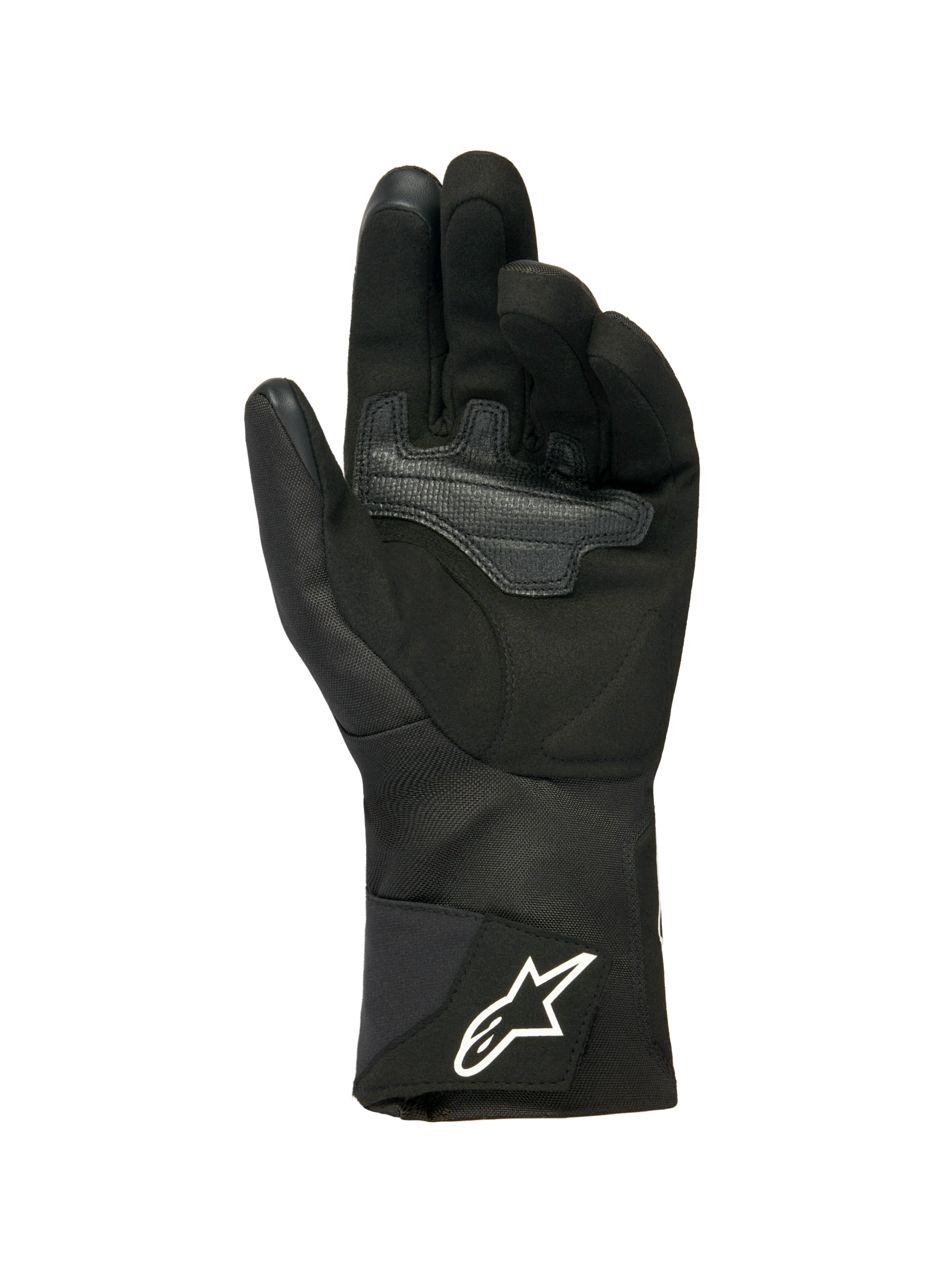 Alpinestars Woman Stella WT-1 Drystar® Insulated Gloves, Black, palm view featuring soft suede with overlay reinforcement for grip, long textile cuff with white Alpinestars logo on the strap, touchscreen compatible fingertips, technical winter motorcycle gear