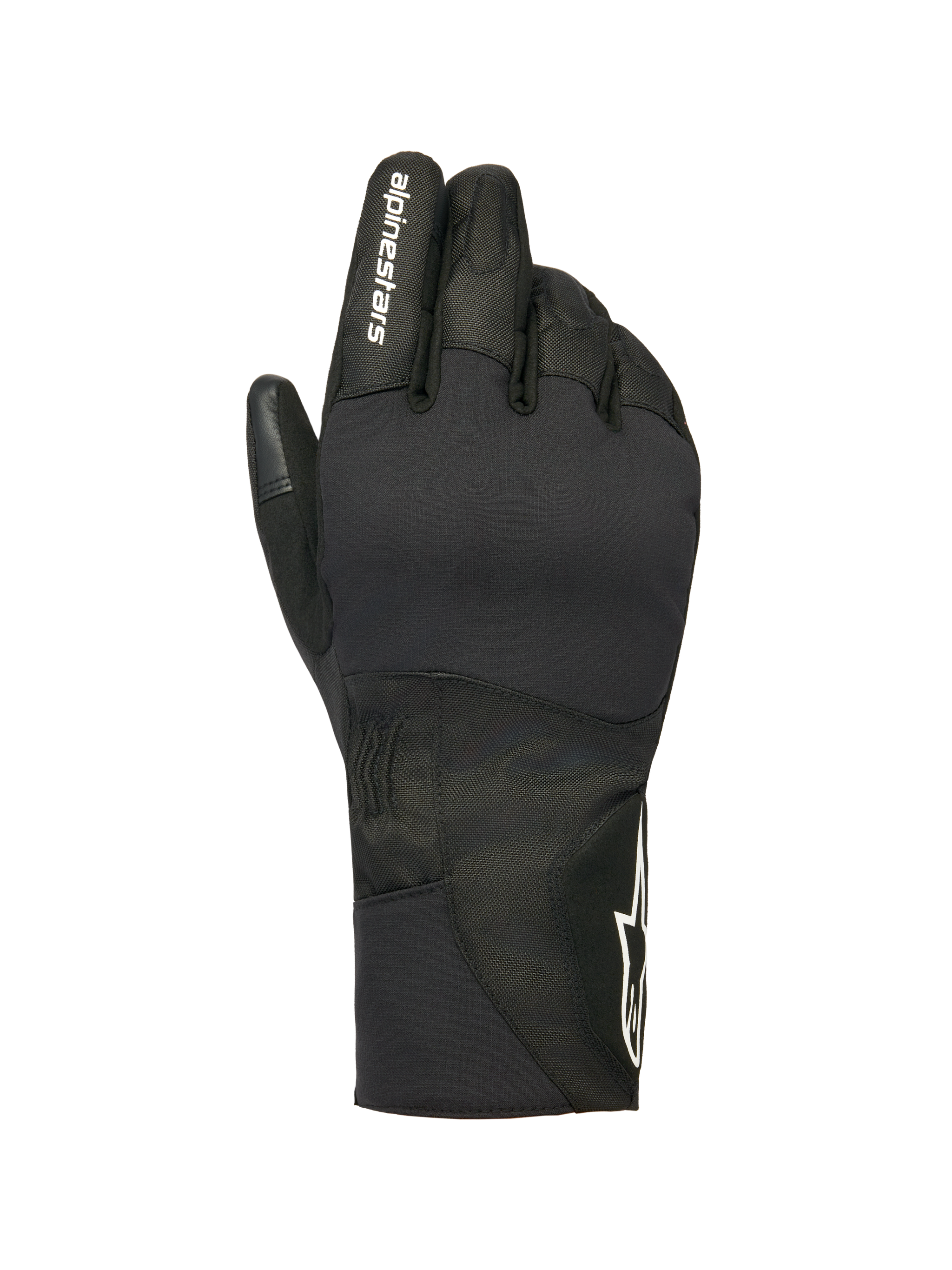 Alpinestars Stella WT-1 Drystar Insulated Gloves, Women's Motorcycle Winter Gloves, Black, white alpinestars branding on the index finger and star logo on the cuff, waterproof textile and suede construction for cold weather commuting