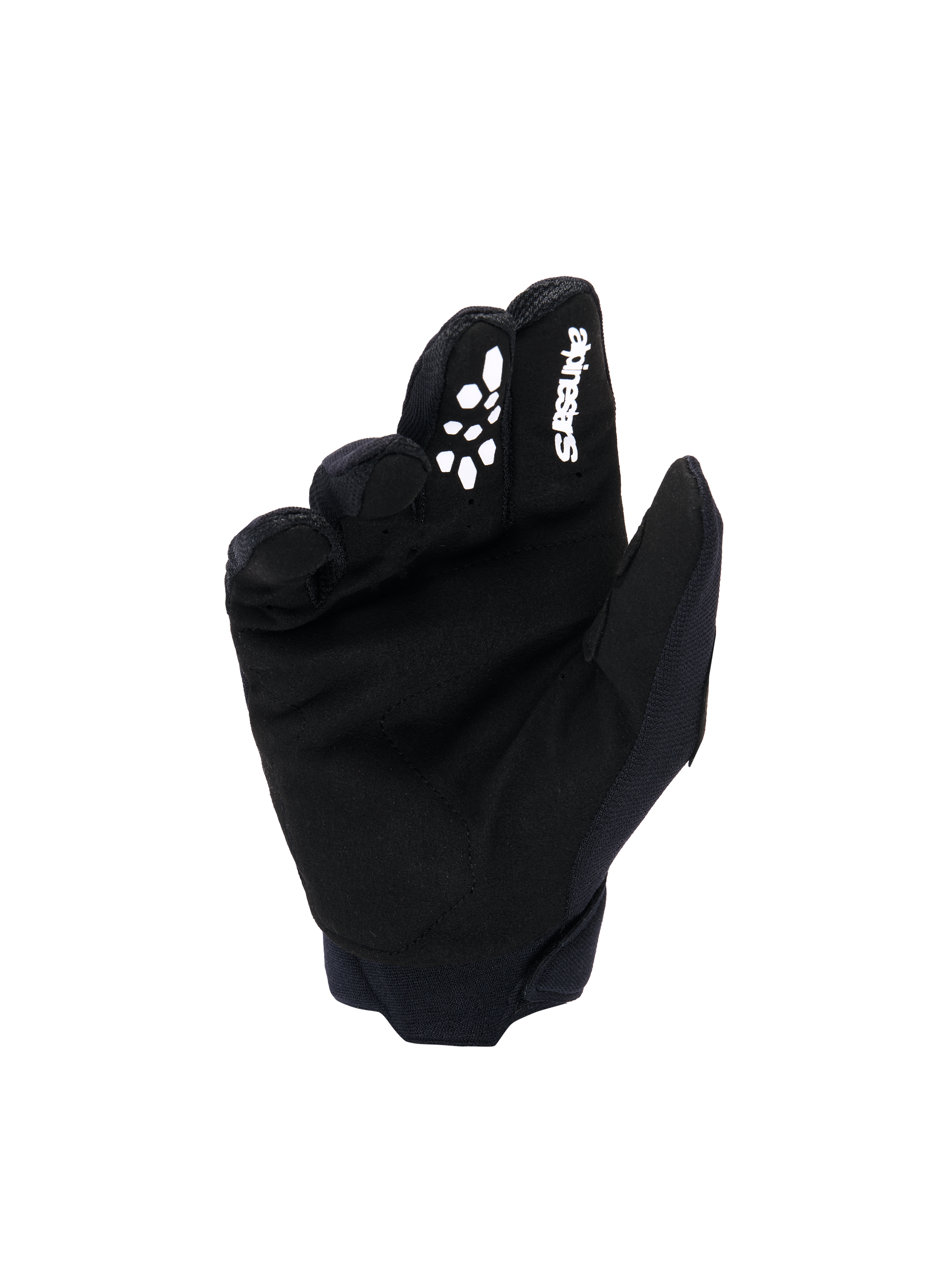 Alpinestars Youth & Kids Full Bore V2 Gloves, Motocross Gloves, Black and White, Palm view showing synthetic suede material, white Alpinestars logo and silicone-printed grip on index finger, durable off-road racing gear