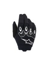 Alpinestars Youth & Kids Full Bore V2 Gloves, Motocross Gloves, Black and White, featuring ergonomic TPR knuckle protection with white outlines, large white Alpinestars logo, breathable textile construction for off-road racing