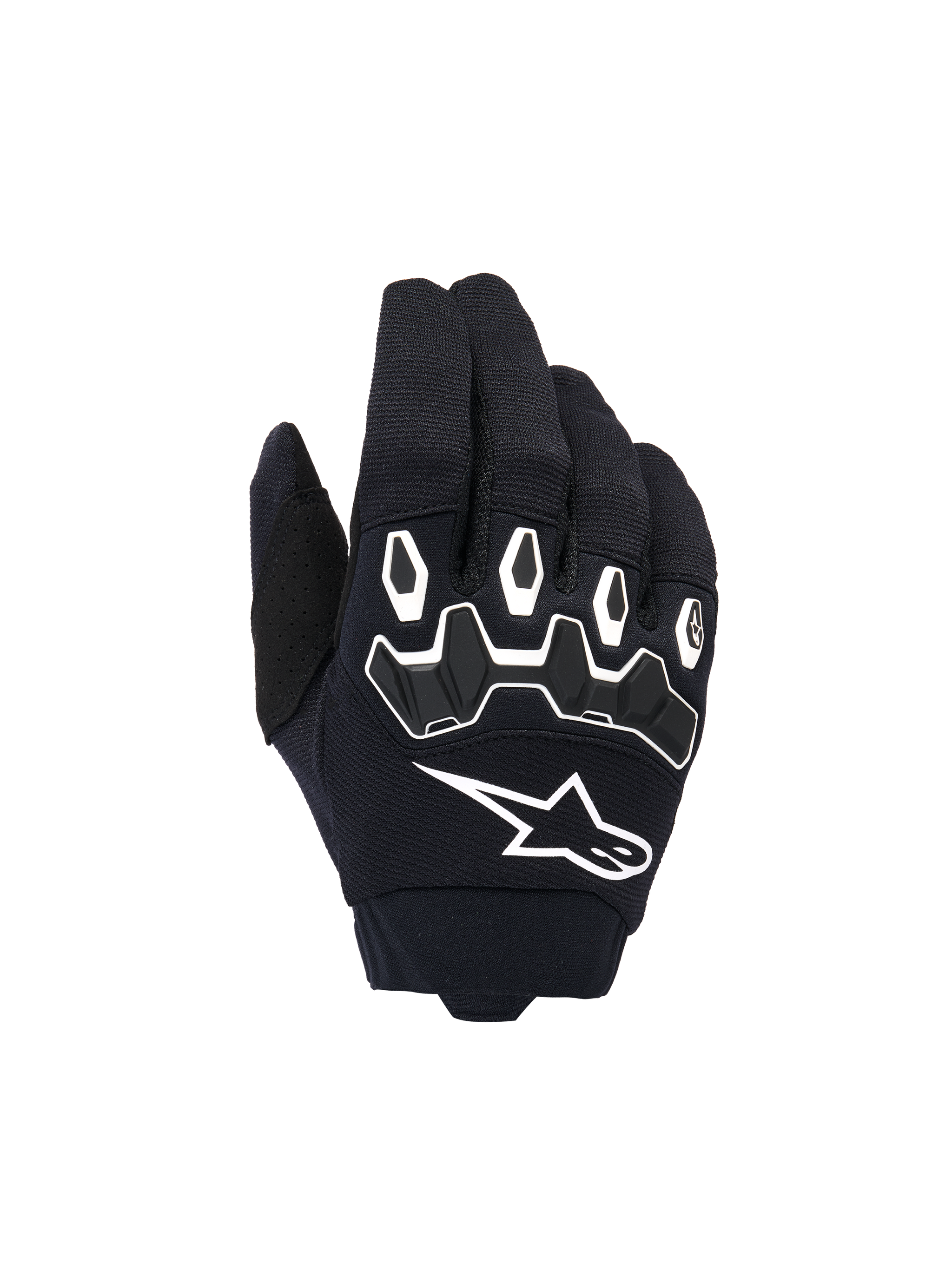 Alpinestars Youth & Kids Full Bore V2 Gloves, Motocross Gloves, Black and White, featuring ergonomic TPR knuckle protection with white outlines, large white Alpinestars logo, breathable textile construction for off-road racing