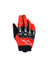 Alpinestars Youth & Kids Full Bore V2 Gloves, Motocross Racing Gloves, Bright Red and Black, top view featuring black TPR knuckle protectors with white accents and white Astar logo, durable textile design for off-road riding