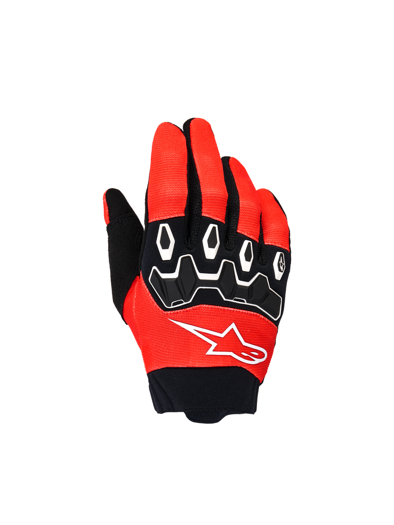 Alpinestars Youth & Kids Full Bore V2 Gloves, Motocross Racing Gloves, Bright Red and Black, top view featuring black TPR knuckle protectors with white accents and white Astar logo, durable textile design for off-road riding