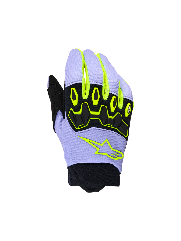 Alpinestars Youth & Kids Full Bore V2 Gloves, Motocross Gloves, Purple Yellow Fluo, featuring black TPR knuckle protection and neon yellow Alpinestars star logo, breathable construction with neoprene cuff, sporty off-road design