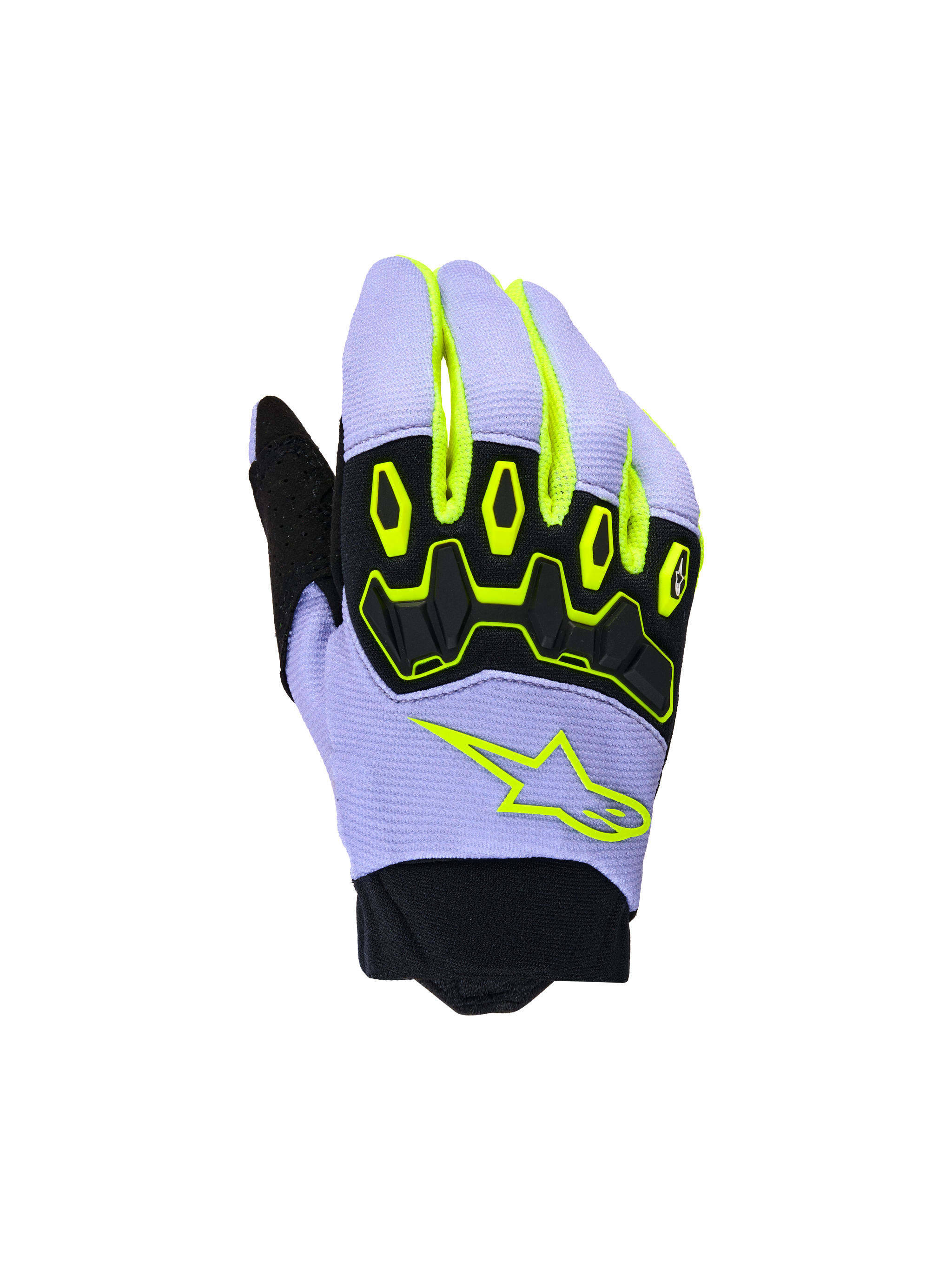 Alpinestars Youth & Kids Full Bore V2 Gloves, Motocross Gloves, Purple Yellow Fluo, featuring black TPR knuckle protection and neon yellow Alpinestars star logo, breathable construction with neoprene cuff, sporty off-road design