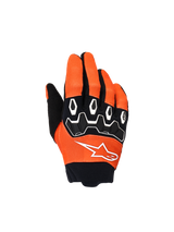 Alpinestars Youth & Kids Full Bore V2 Gloves, Motocross Gloves, Orange White and Black, featuring black TPR knuckle protection with white geometric patterns, white star logo, and black neoprene cuff, youth off-road riding gear