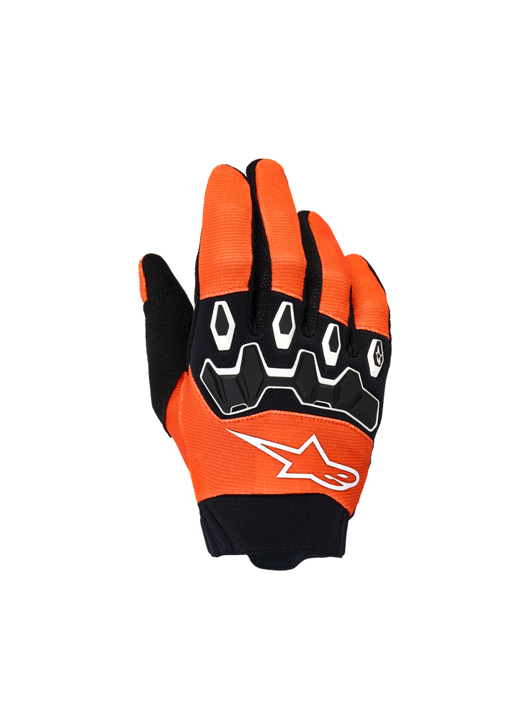 Alpinestars Youth & Kids Full Bore V2 Gloves, Motocross Gloves, Orange White and Black, featuring black TPR knuckle protection with white geometric patterns, white star logo, and black neoprene cuff, youth off-road riding gear