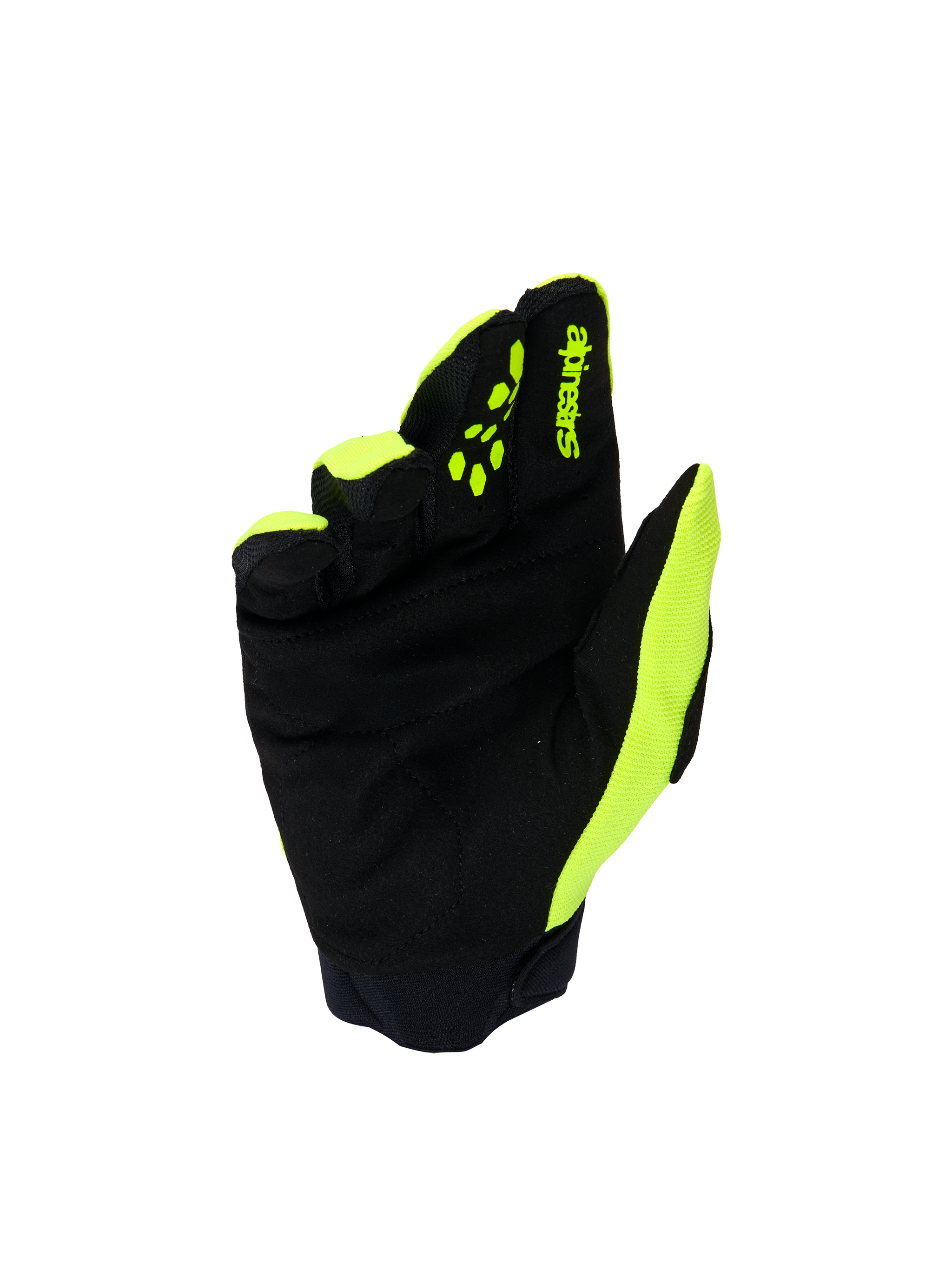 Alpinestars Youth & Kids Full Bore V2 Gloves, Motocross Gloves, Yellow Fluo and Black, palm view showing reinforced synthetic suede, yellow silicone finger grips for lever control, Alpinestars branding, durable off-road protection