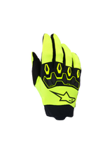 Alpinestars Youth & Kids Full Bore V2 Gloves, Kids Motocross Gloves, Yellow Fluo and Black, featuring the backhand view with a black star logo and ergonomic TPR knuckle protector, sporty design for off-road racing