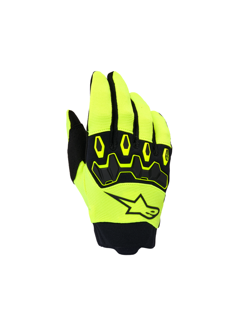 Alpinestars Youth & Kids Full Bore V2 Gloves, Kids Motocross Gloves, Yellow Fluo and Black, featuring the backhand view with a black star logo and ergonomic TPR knuckle protector, sporty design for off-road racing