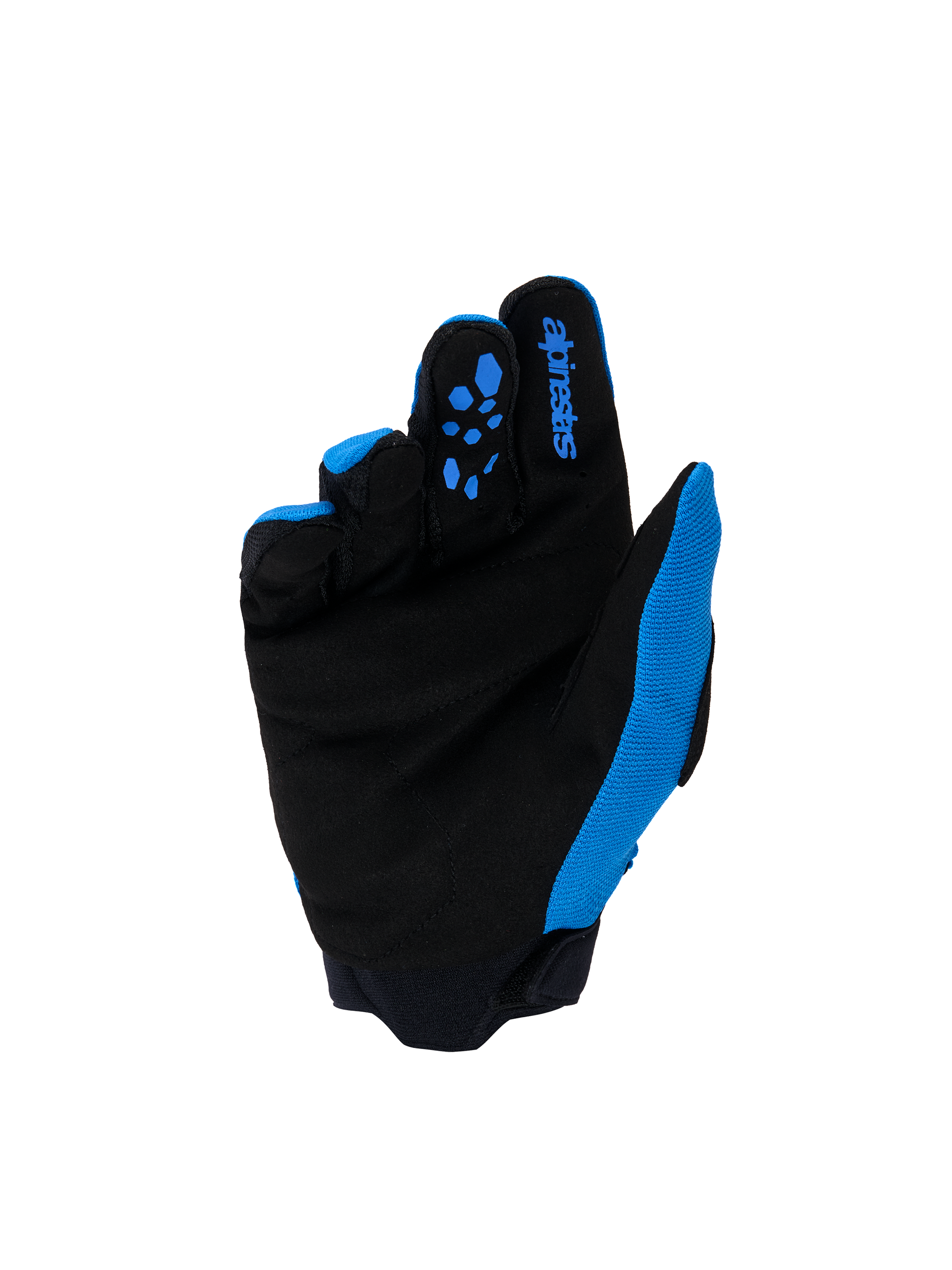 Alpinestars Youth & Kids Full Bore V2 Gloves, Motocross Gloves, UCLA Blue and Black, palm view featuring reinforced black synthetic suede and blue silicone grip patterns on the fingers, blue Alpinestars branding on the index finger, high-performance off-road gear for young riders