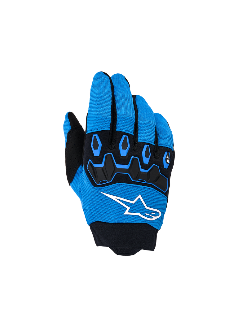 Alpinestars Youth & Kids Full Bore V2 Gloves, Motocross Gloves, Ucla Blue and Black, featuring black TPR knuckle protection, white Alpinestars star logo on the backhand, and breathable stretch fabric, sporty design for off-road riding.