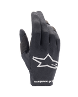 Alpinestars Youth 2024 Radar Gloves, Black Motocross Gloves, Youth MTB Gloves, White Star Logo, Perforated Design for Breathability, Flexible Textile Construction, Sporty Performance Gloves
