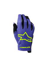 Alpinestars 2026 Youth Radar Gloves, Motocross and MTB Gloves, Purple and Yellow Fluo, featuring a bold neon yellow star logo and branding, black accents between fingers, lightweight textured fabric for off-road racing