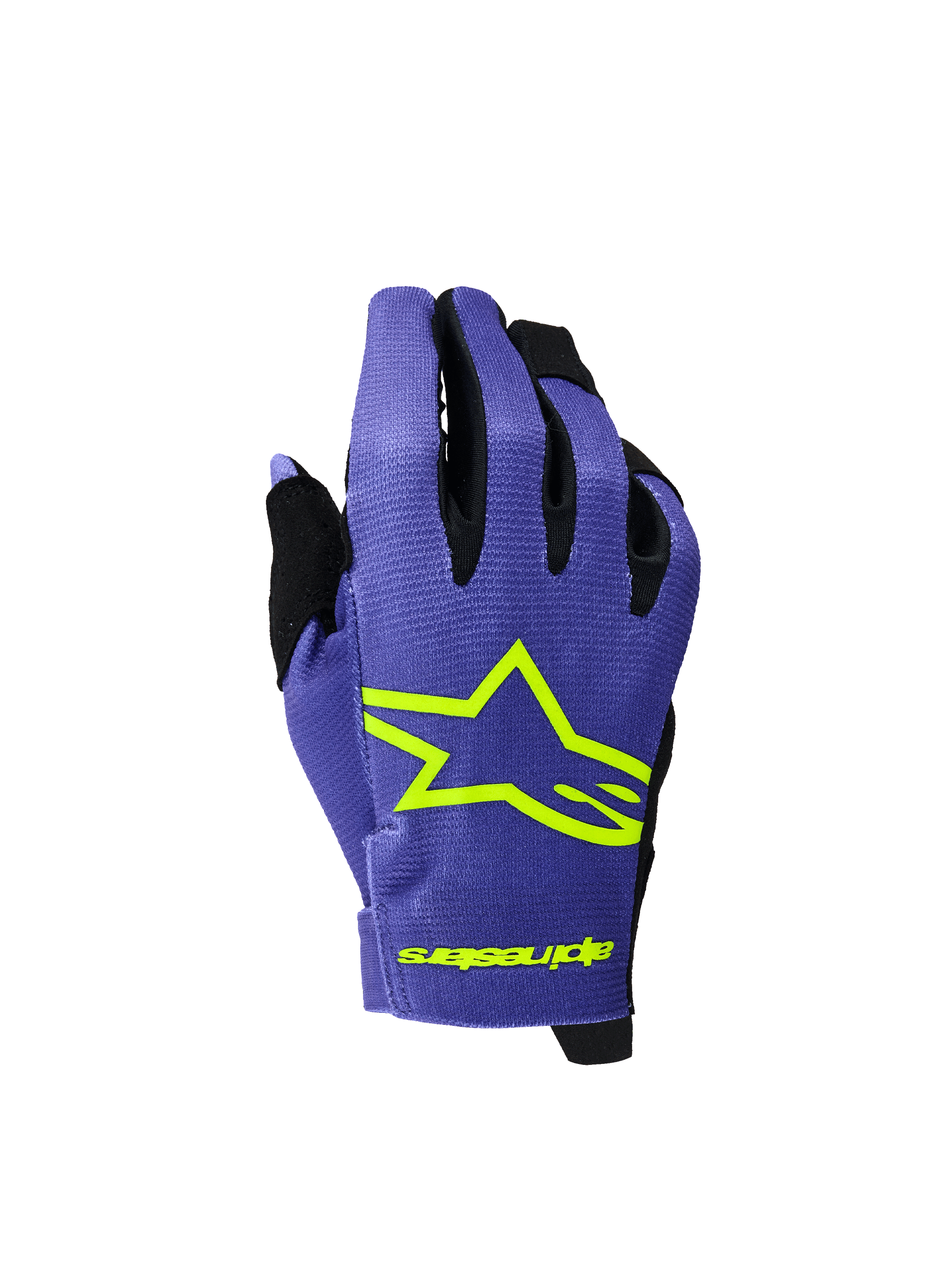Alpinestars 2026 Youth Radar Gloves, Motocross and MTB Gloves, Purple and Yellow Fluo, featuring a bold neon yellow star logo and branding, black accents between fingers, lightweight textured fabric for off-road racing