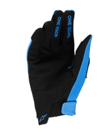 Alpinestars 2025 Youth Radar Gloves, Motocross Gloves, Blue and Black, palm view featuring synthetic suede construction, blue "ONE GOAL" and "ONE VISION" text on fingers, small blue Alpinestars logo on the wrist closure