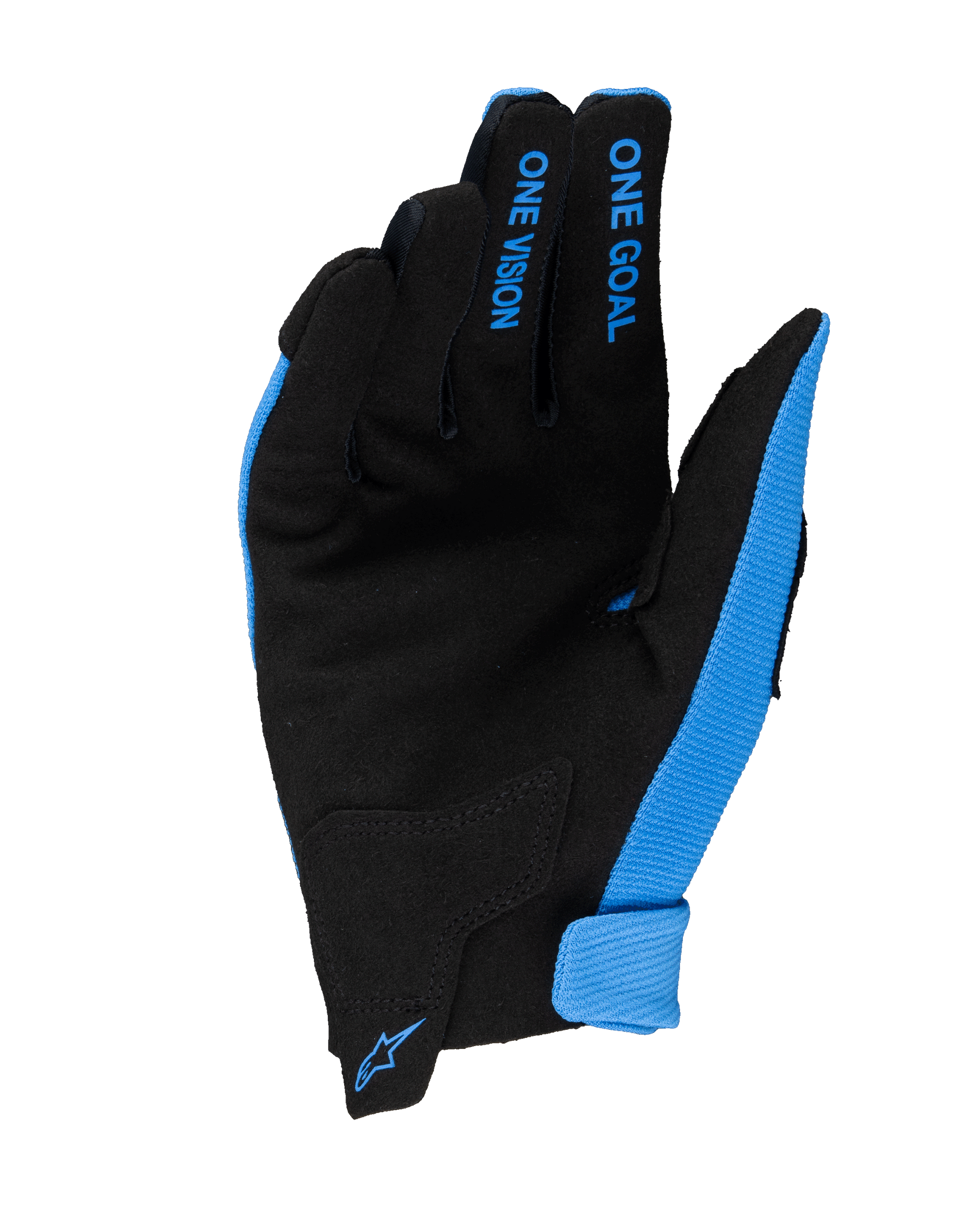 Alpinestars 2025 Youth Radar Gloves, Motocross Gloves, Blue and Black, palm view featuring synthetic suede construction, blue "ONE GOAL" and "ONE VISION" text on fingers, small blue Alpinestars logo on the wrist closure
