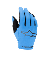 Alpinestars 2025 Youth Radar Gloves, Motocross Off-Road Gloves, Blue and Black, featuring a textured light blue backhand with a black star logo and Alpinestars branding on the wrist, youth motorcycle gloves