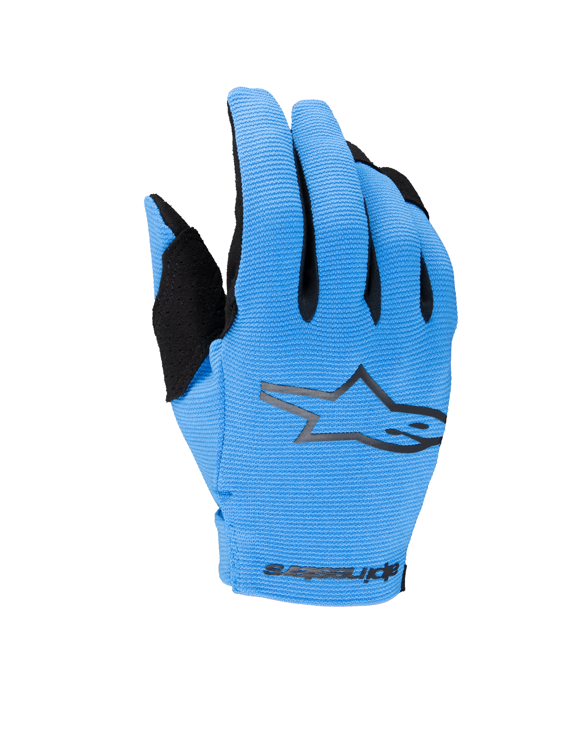 Alpinestars 2025 Youth Radar Gloves, Motocross Off-Road Gloves, Blue and Black, featuring a textured light blue backhand with a black star logo and Alpinestars branding on the wrist, youth motorcycle gloves