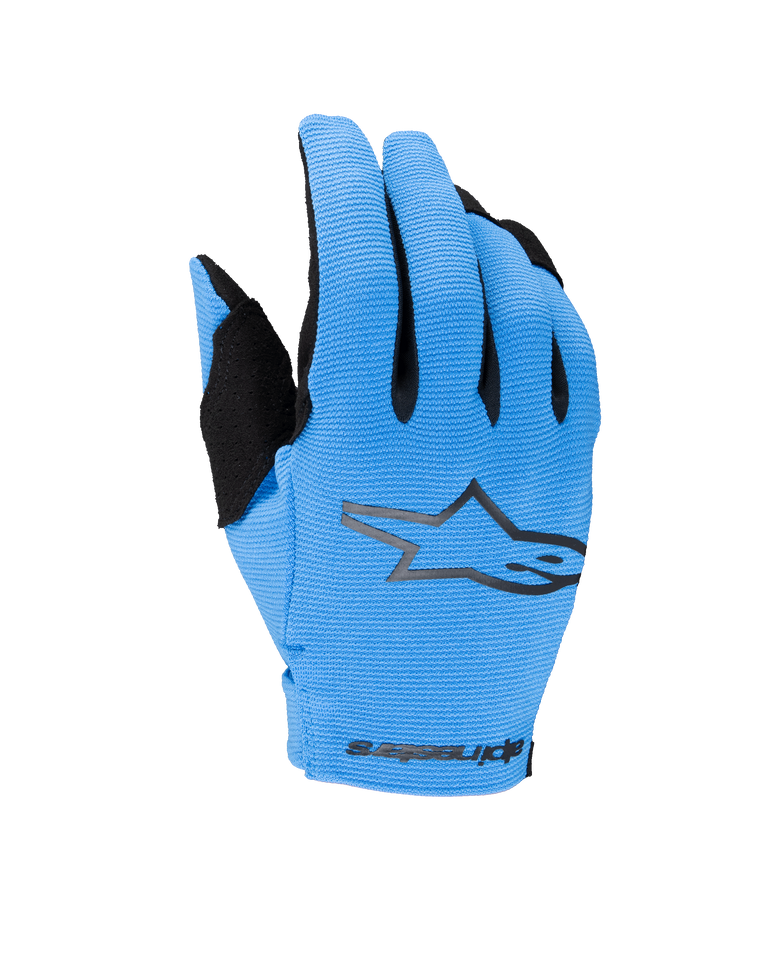 Alpinestars 2025 Youth Radar Gloves, Motocross Off-Road Gloves, Blue and Black, featuring a textured light blue backhand with a black star logo and Alpinestars branding on the wrist, youth motorcycle gloves