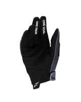 Alpinestars 2025 Youth Radar Gloves, Motocross Gloves, Gray and Black, palm side view with synthetic suede material, white 'ONE GOAL' and 'ONE VISION' text on fingers, white star logo on wrist pull tab, specialized for youth off-road racing