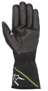 Alpinestars Youth Tempest V2 Waterproof Gloves, Karting Gloves, Black with Fluorescent Green accents, palm view showing textured rubber composite for enhanced grip, gauntlet cuff with white Alpinestars logo and 'One Vision.' branding, diagonal green stripes, designed for wet-weather racing