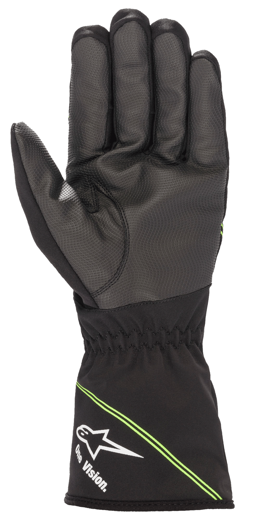Alpinestars Youth Tempest V2 Waterproof Gloves, Karting Gloves, Black with Fluorescent Green accents, palm view showing textured rubber composite for enhanced grip, gauntlet cuff with white Alpinestars logo and 'One Vision.' branding, diagonal green stripes, designed for wet-weather racing