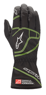 Alpinestars Youth Tempest V2 Waterproof Gloves, Black with Fluorescent Green accents, featuring a long gauntlet cuff with elasticated wrist, white star logos on fingers and back of hand, waterproof textile construction for youth karting