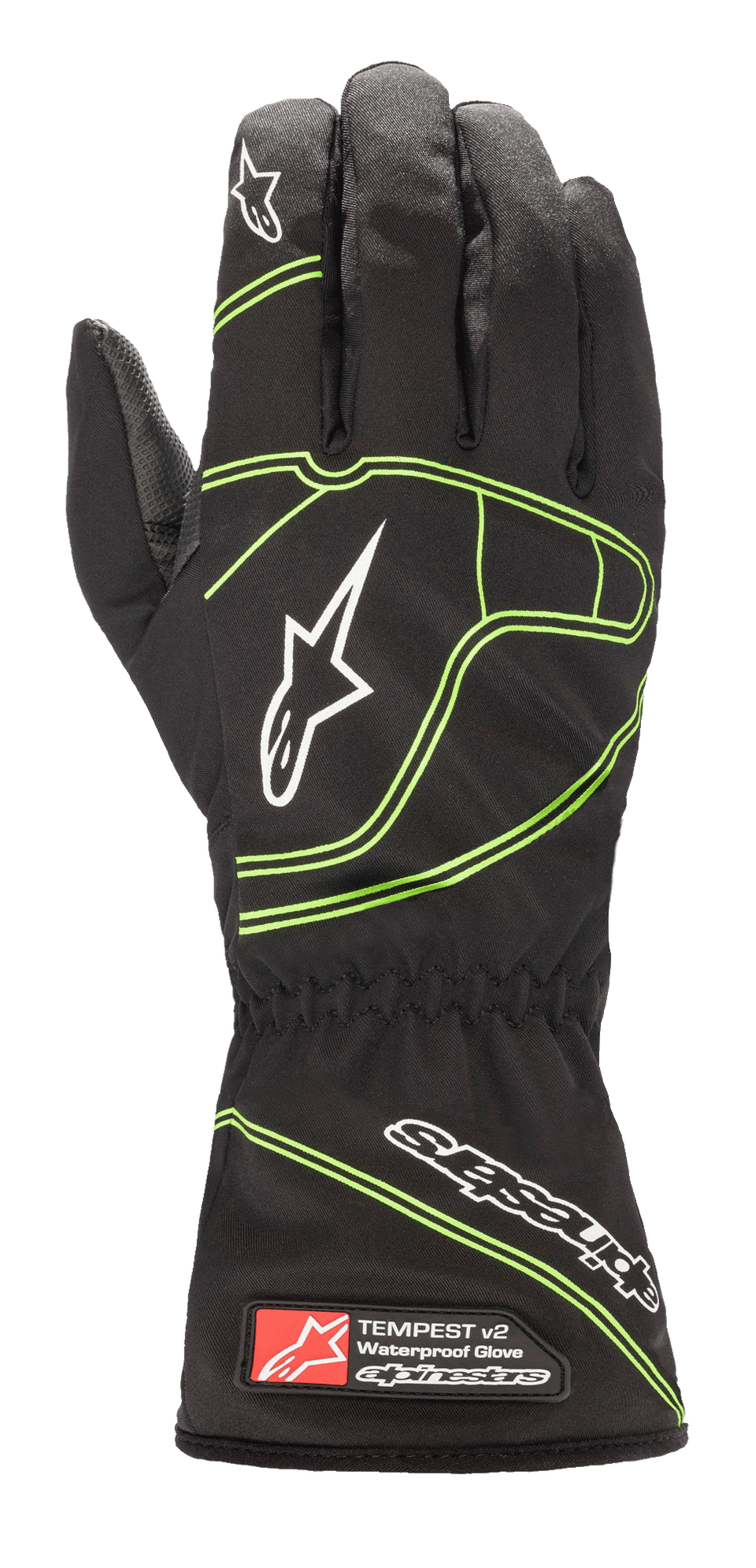 Alpinestars Youth Tempest V2 Waterproof Gloves, Black with Fluorescent Green accents, featuring a long gauntlet cuff with elasticated wrist, white star logos on fingers and back of hand, waterproof textile construction for youth karting