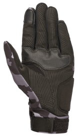 Alpinestars Youth Reef Gloves, Black Gray Camo, palm view showing synthetic suede with textured grip, camo pattern on thumb and wrist, touchscreen-compatible index finger, urban riding motorcycle gloves