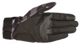 Alpinestars Youth Reef Gloves, Black Gray Camo, palm view showing synthetic suede with textured grip, camo pattern on thumb and wrist, touchscreen-compatible index finger, urban riding motorcycle gloves
