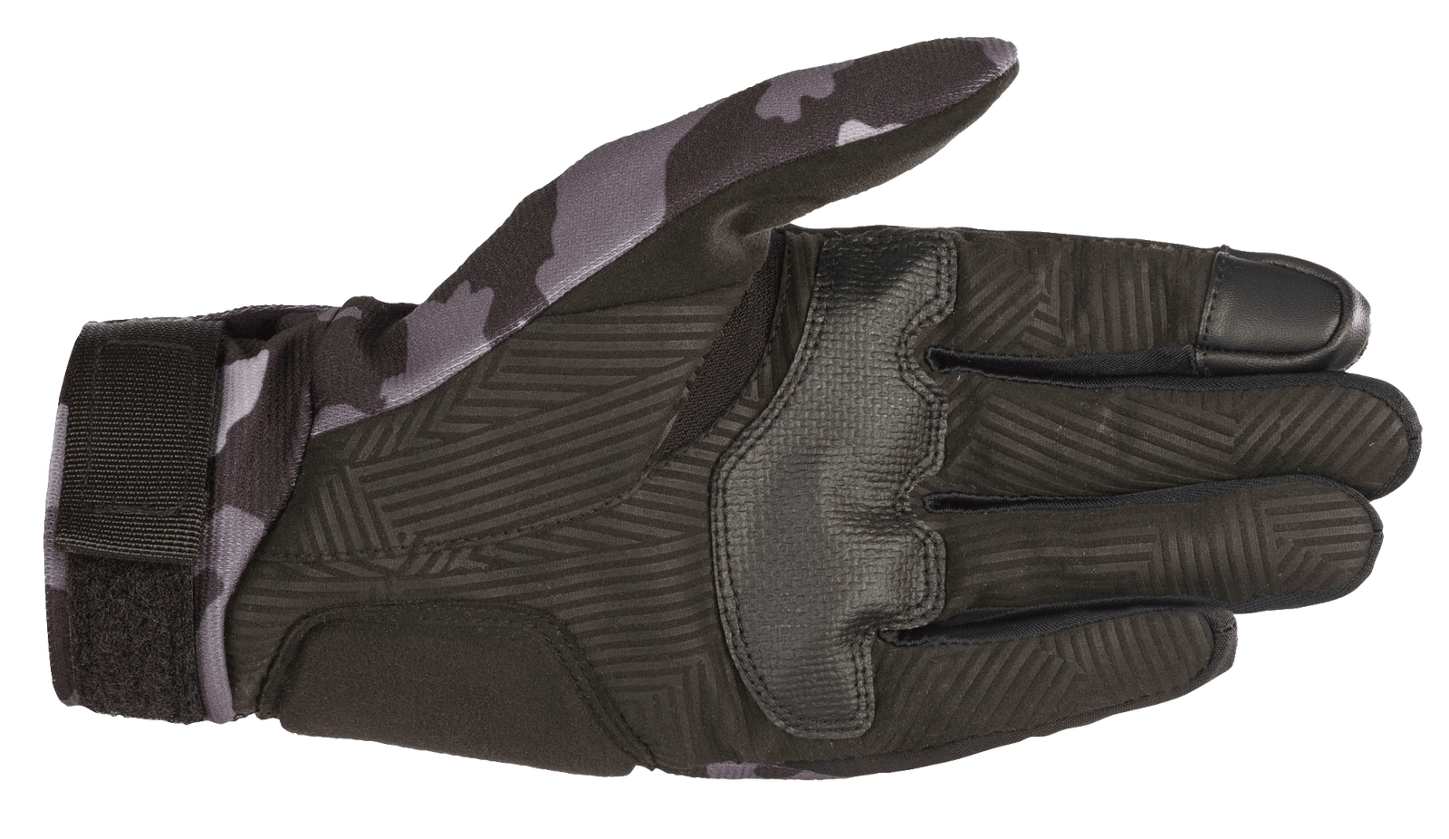 Alpinestars Youth Reef Gloves, Black Gray Camo, palm view showing synthetic suede with textured grip, camo pattern on thumb and wrist, touchscreen-compatible index finger, urban riding motorcycle gloves