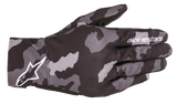 Alpinestars Youth Reef Gloves, Urban Motorcycle Gloves, Black Gray Camo, backhand view featuring a gray camouflage pattern with white Alpinestars branding on the wrist and index finger, lightweight stretch textile construction