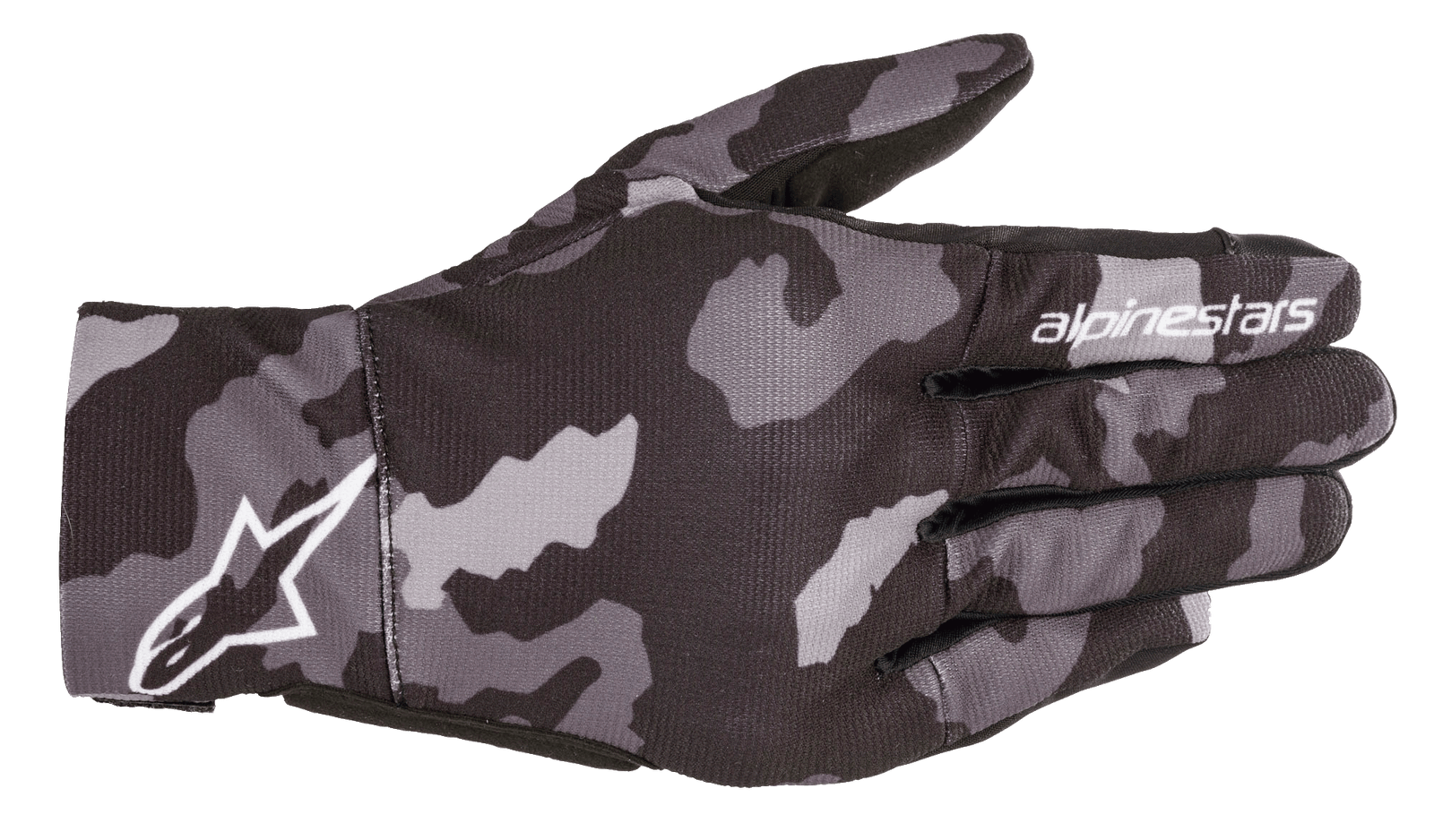 Alpinestars Youth Reef Gloves, Urban Motorcycle Gloves, Black Gray Camo, backhand view featuring a gray camouflage pattern with white Alpinestars branding on the wrist and index finger, lightweight stretch textile construction