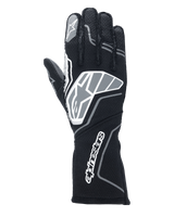 Alpinestars Tech-1 ZX V4 Gloves, Auto Racing Gloves, Black and Anthracite Gray, featuring a large star logo on the backhand and Alpinestars wordmark on the long gauntlet cuff, star logo on the index finger, professional flame-resistant construction