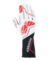 Alpinestars Tech-1 ZX V4 Gloves, Auto Racing Gloves, White and Black with Red accents, textured honeycomb fabric with external seams, large red logo on back of hand, black extended wrist section with white Alpinestars wordmark