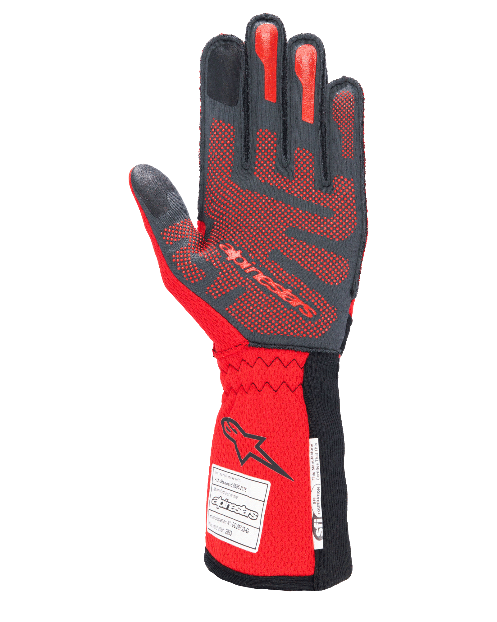 Alpinestars Tech-1 ZX V4 Gloves, Auto Racing Gloves, Black and Red, palm side showing red 3D silicone grip patterning and FIA/SFI homologation labels on the cuff, designed for high-performance motorsport