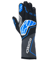 Alpinestars Tech-1 ZX V4 Gloves, Auto Racing Gloves, Black with Blue and Grey Accents, featuring the white Alpinestars star logo and wordmark, honeycomb fabric construction, professional motorsport gear.