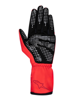 Alpinestars Tech-1 K Race V2 Pure Gloves, Karting Gloves, Red and Black, palm side view featuring silicone print with white dotted pattern for grip, synthetic suede material, elasticated gauntlet cuff with Alpinestars logo