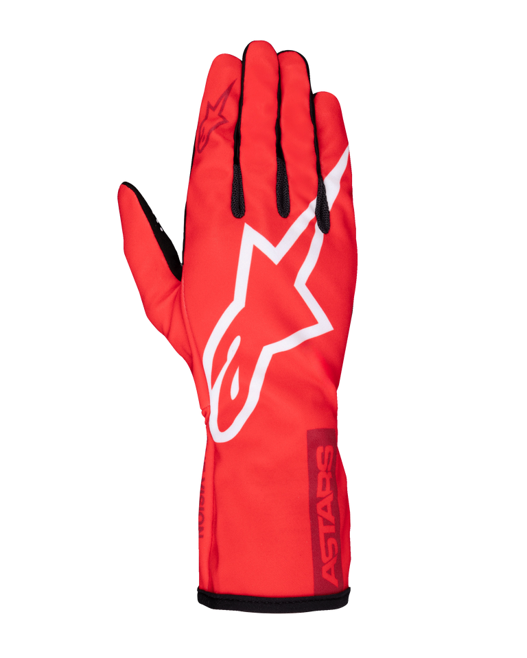 Alpinestars Tech-1 K Race V2 Pure Gloves, Karting Racing Gloves, Red with white and burgundy accents, featuring a prominent white star logo, black finger details, and ASTARS branding on the cuff, lightweight performance gear for drivers