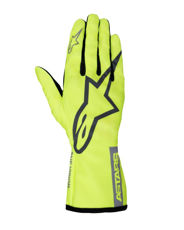 Alpinestars Tech-1 K Race V2 Pure Gloves, Karting Racing Gloves, Fluorescent Yellow and Gray, large star logo on the back, black finger gussets, high-visibility lightweight motorsport gear