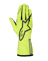 Alpinestars Youth Tech-1 K Race S V2 Pure Gloves, Karting Racing Gloves, Fluorescent Yellow and Gray, featuring a large A-star logo on the back of the hand, ASTARS branding on the cuff, and mesh finger gussets.