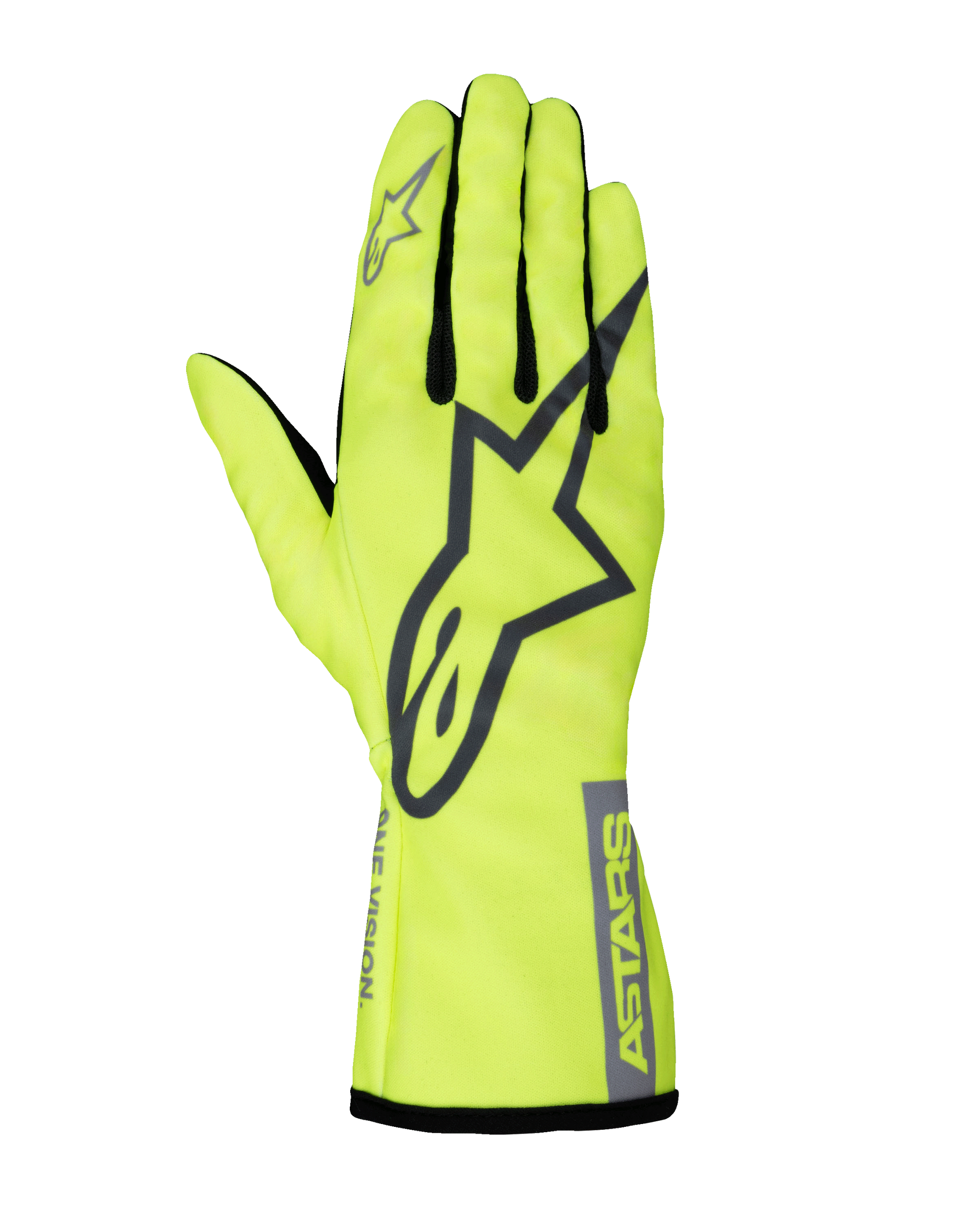 Alpinestars Youth Tech-1 K Race S V2 Pure Gloves, Karting Racing Gloves, Fluorescent Yellow and Gray, featuring a large A-star logo on the back of the hand, ASTARS branding on the cuff, and mesh finger gussets.