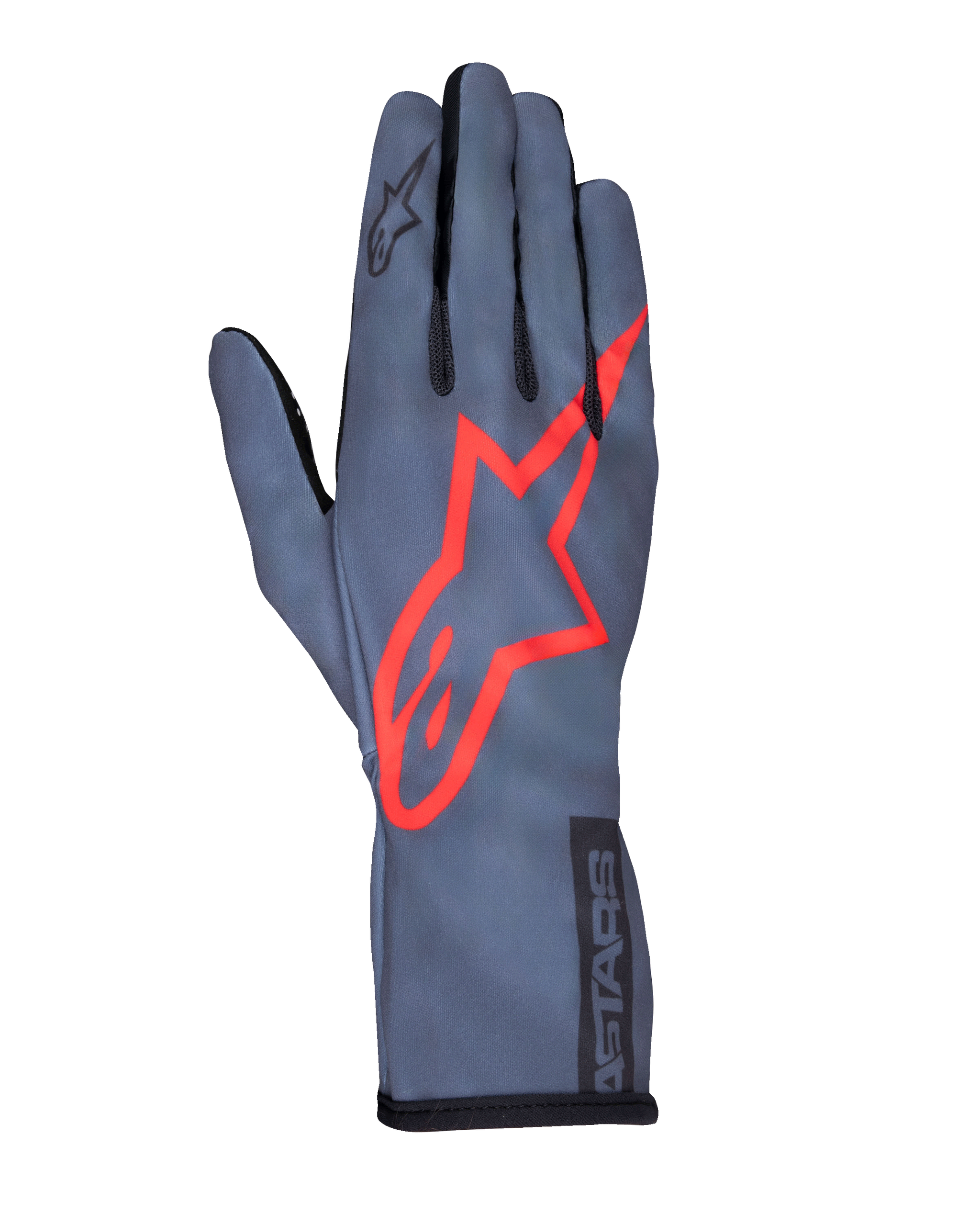 Alpinestars Tech-1 K Race V2 Pure Gloves, Karting Racing Gloves, Asphalt Gray and Red, featuring a large red star logo on the back, lightweight mesh construction, gauntlet cuff, sleek performance design for karting