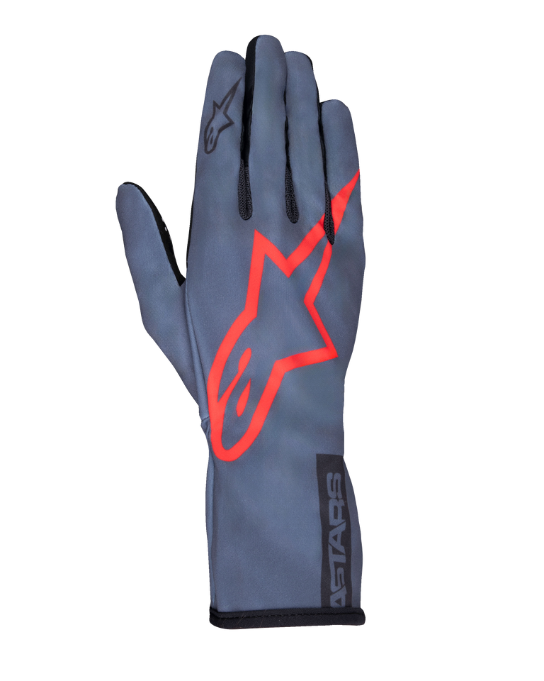 Alpinestars Tech-1 K Race V2 Pure Gloves, Karting Racing Gloves, Asphalt Gray and Red, featuring a large red star logo on the back, lightweight mesh construction, gauntlet cuff, sleek performance design for karting