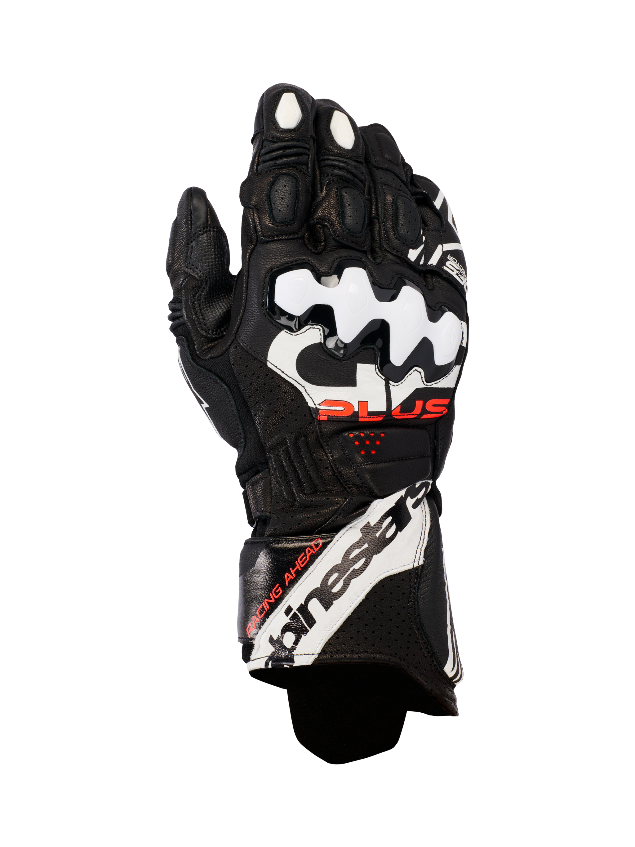 Alpinestars GP Plus R V3 Leather Gloves, Motorcycle Racing Gloves, Black with White and Red accents, featuring white DFS knuckle protectors, perforated leather for breathability, and bold Alpinestars branding on the cuff