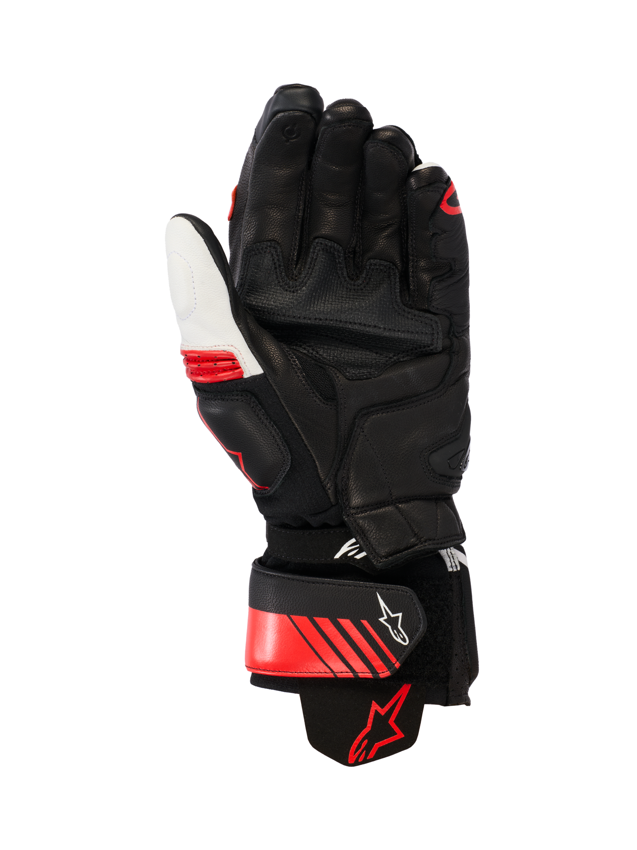 Alpinestars GP Plus R V3 Leather Gloves, Racing/Sport Motorcycle Gloves, Black White and Bright Red, palm view showing reinforced leather construction, palm sliders, and an aramid stretch cuff, featuring a secure wrist strap with Alpinestars logo and ergonomic pre-curved design