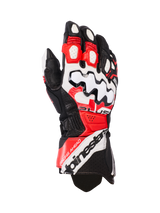 Alpinestars GP Plus R V3 Leather Gloves, Motorcycle Racing Gloves, Black White and Bright Red, featuring a large white knuckle protector with black wave patterns, perforated leather panels for ventilation, and Alpinestars branding on the cuff.