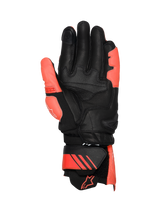 Alpinestars GP Plus R V3 Men's Leather Gloves in black and red fluo, featuring a protective TPU palm slider for racing.